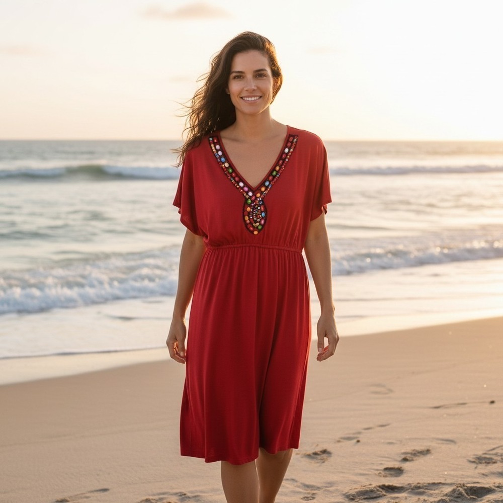 Maurice's Women's S Red V-neck Front V-back Jersey Beach Beaded Swim Cover Dress